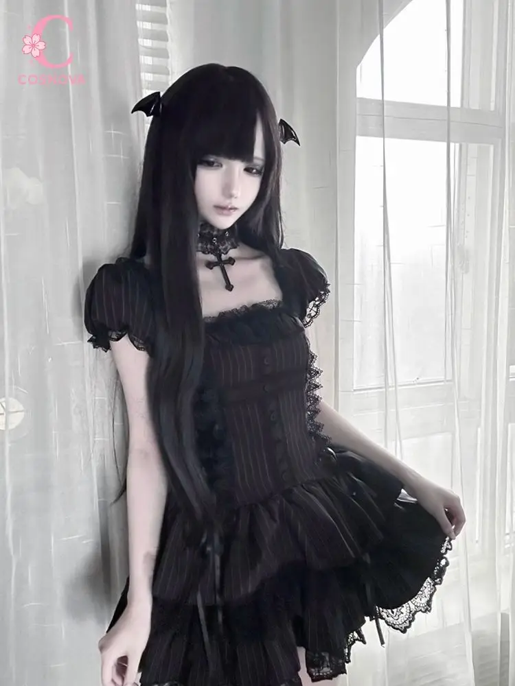 Image of Gotisches Vintage Sweet Lolita Kleid für Damen mit Puffärmeln, Nadelstreifenmuster, Spitzenbesatz, Schnürung an der Taille, schmal geschnitten, Mini-Kleid, sexy Party-Outfit