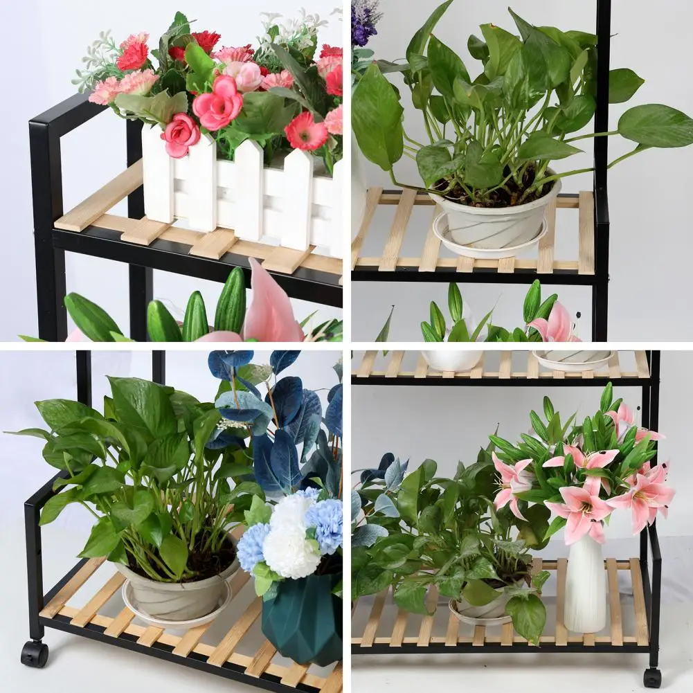 Rolling Plant Shelf Indoor Outdoor,Rustic Plant Stand with Wheels,Metal Plant Rack with Solid Wood for Multiple