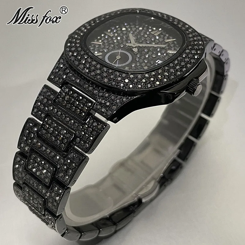 MISSFOX Iced Watch For Mens Fashion Stainless Steel Quartz Clock Man Hip Hop Black Diamond Jewelry Wristwatch Reloj Dropshipping