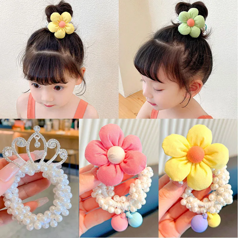 

Korean Princess Hair Tiara for Girls Pearl Hair Bands Soft Elastic Bun Maker Toddler Safe Hair