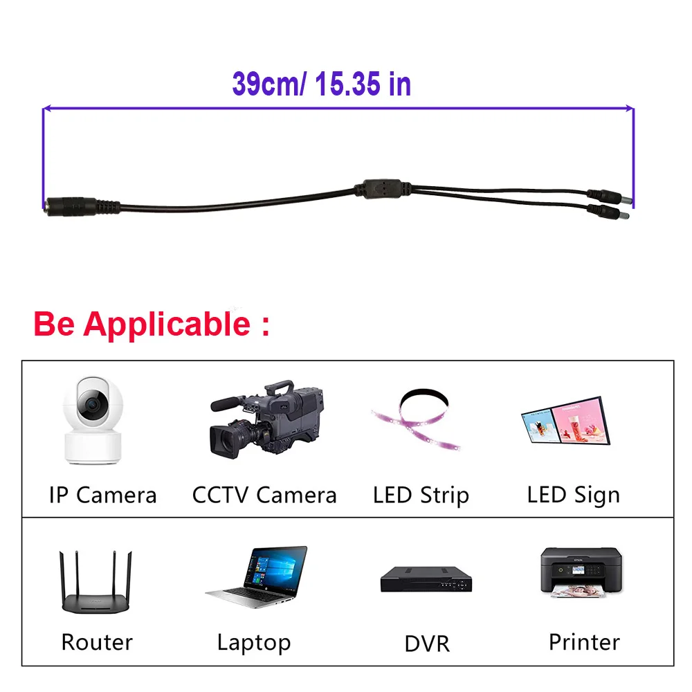 5.5mm*2.1mm 1 Female to 2/4 Male Wire Plug DC Power Y Splitter Adapter Wire for Security CCTV Camera Router LED Modem