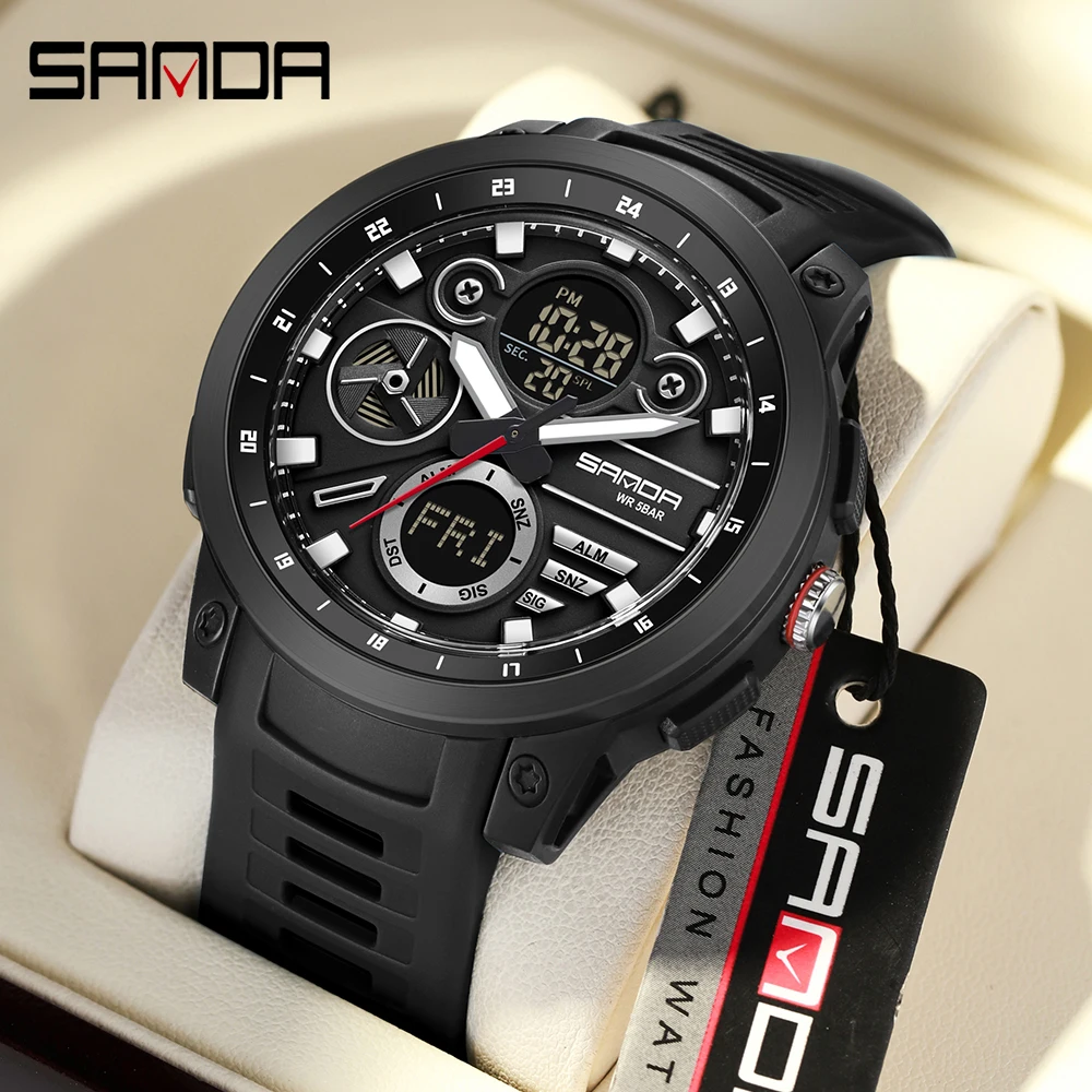 SANDA Men\'s Digital Electronic Watch Sports Multifunctional Waterproof LED Dual Time Display Fashion Men\'s Electronic Watch 3379