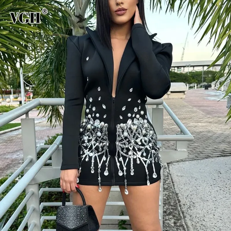 VGH Solid Patchwork Diamonds Temperament Dress For Women Notched Collar Long Sleeve High Waist Slimming Dresses Female Fashion