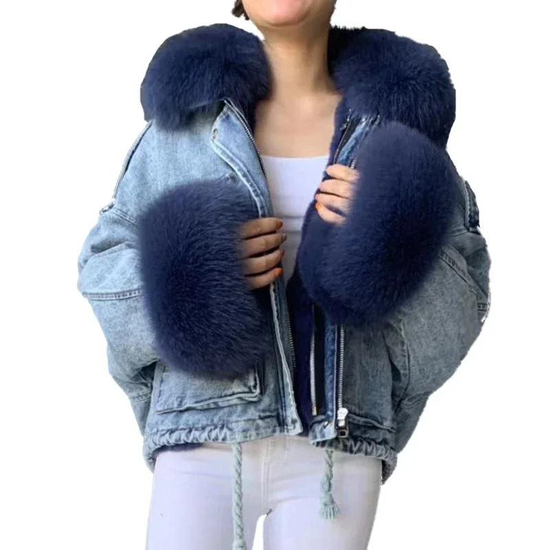 2019 Big Size Women Fashion Outerwear Fur Jacket  Real Fox Fur Collar Cuff Design Sexy Women Luxury Fur Denim Jacket Coat