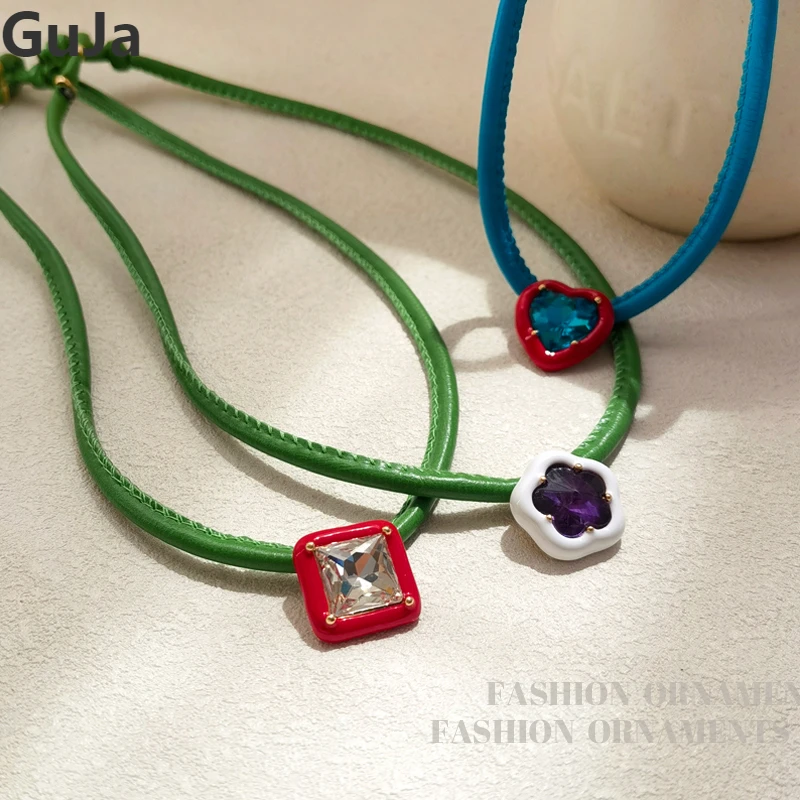 Hot Sale Soft Blue Green Cord Flower Square Heart Pendant Necklace 2023 New Trend Fashion Jewelry For Women Female Gift