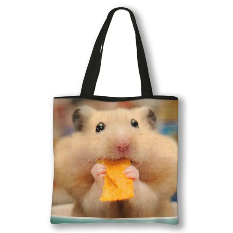 Cartoon Hamster Print Shoulder Bag Canvas Cute Animals Shopping Bags Large Capacity Ladies Totes Bag Reusable Shopper Bags Gift