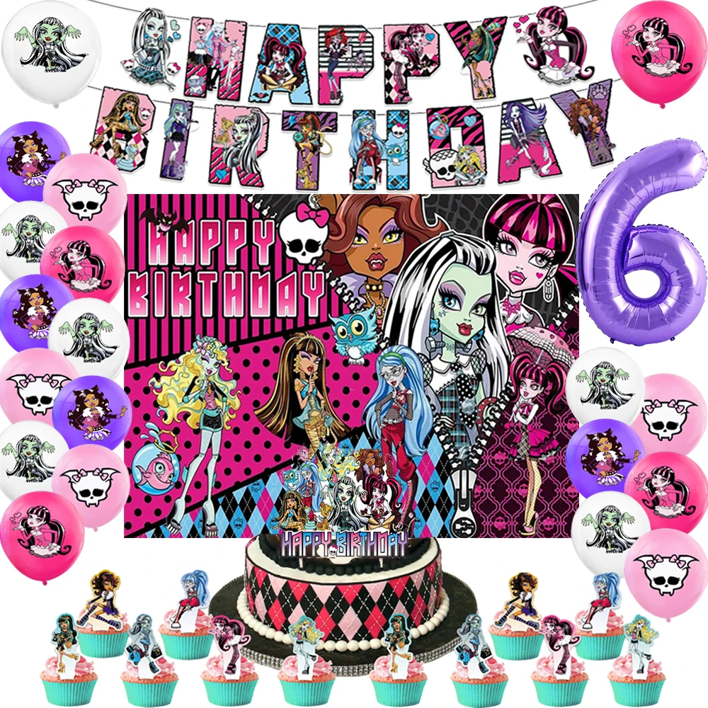 Monster High Birthday Party Decoration Latex Balloons Banner Cake Topper Monster High Tableware Party Supplies Baby Shower Girl