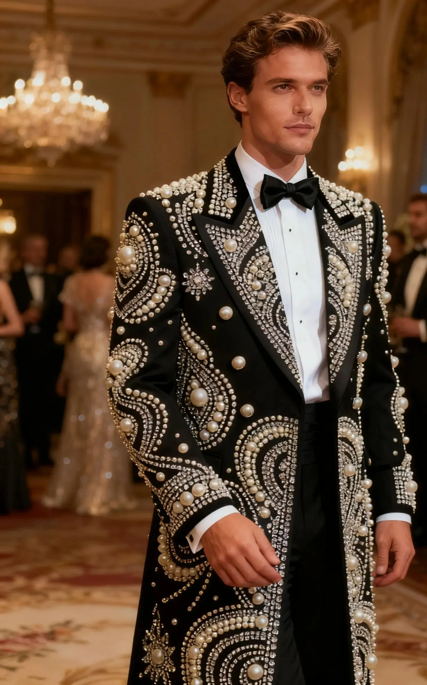 

Роскошный ювелирный орнамент, смокинг, мужской костюм, облегающий костюм для мужчин, индивидуальный свадебный пиджак для жениха, длинное пальто, брюки, костюм Homme