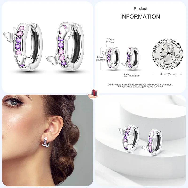 925 Sterling Silver Fashion Star Butterfly Sparkle Hoop Stud Earrings for Women Heart Shaped Zircon Earrings Party Jewelry Gifts