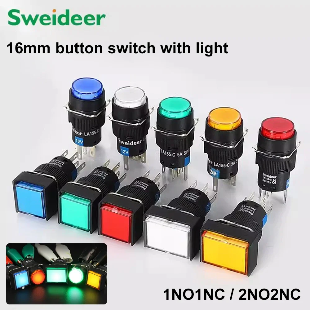 16mm Push Button Switch LED Illuminuted 12/24/220V Momentary Self-locking on Off with Light Square Round Rectangle Power Switch