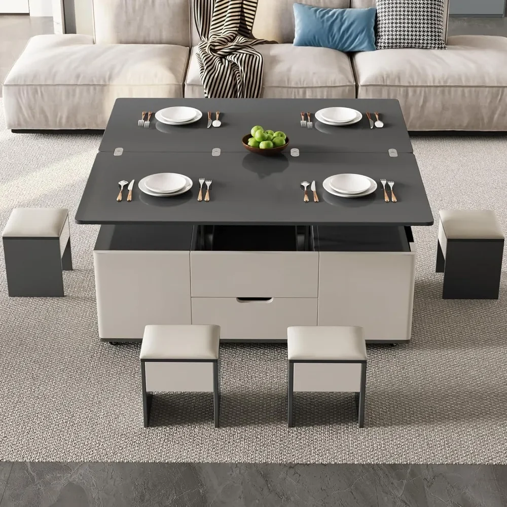 Coffee Table with 4 Stools, Center Tables with Hidden Storage, Space-Saving Sofa Tables, Lift Top Coffee Table