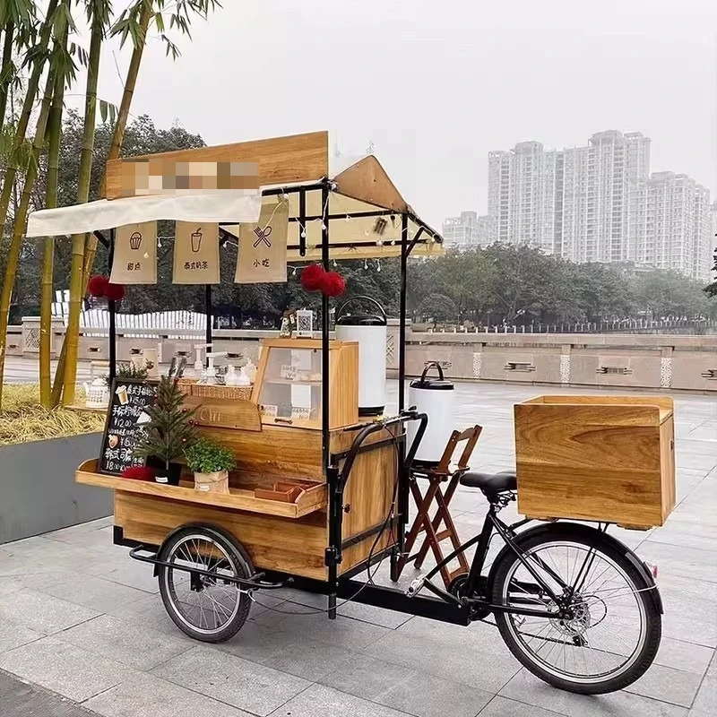 Portable Wooden Mobile Coffee Cart for Outdoor Use Three-Wheeled Reverse Riding Food Truck for Night Market Street Vending