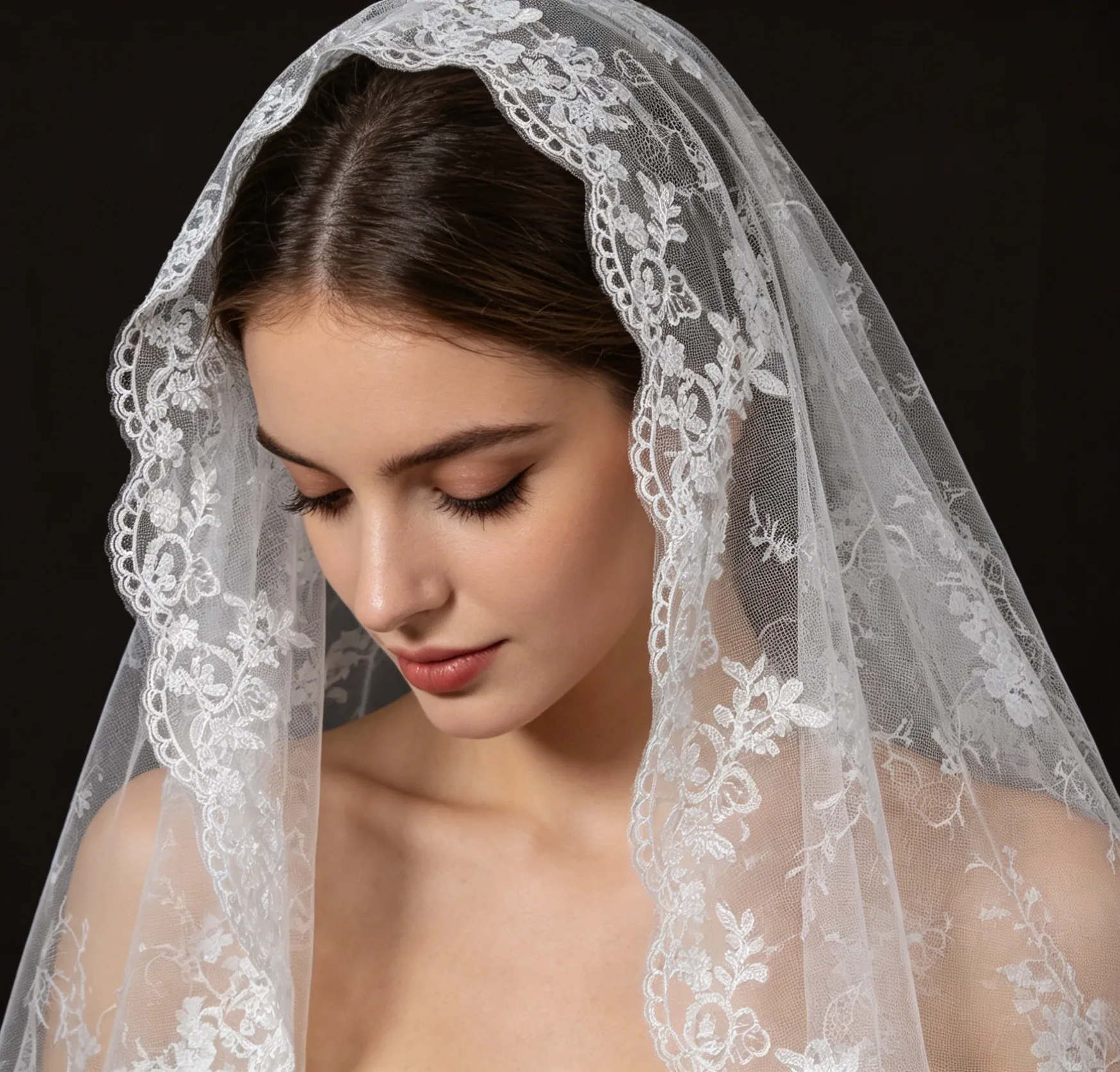 Fingertip Lace Wedding Veil with Comb - Vintage Floral Lace Edge Single Layer Tulle Bridal Veil for Church Outdoor Photo Shoot