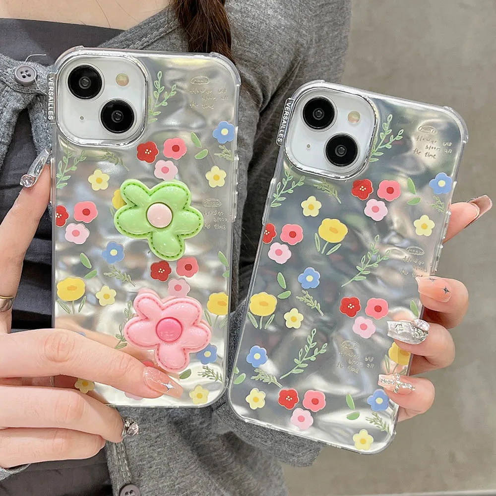 Korean 3D Flower Wrinkle Phone Soft Case For iphone 11 14 Pro 12 13 15 Pro Max Luxury Cute Colorful Flowers Floral Leaf Cover