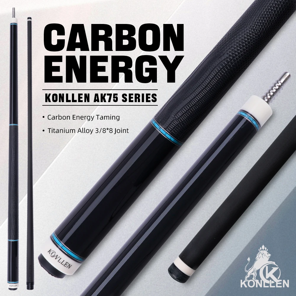 KONLLEN AK75 Carbon Fiber Pool Cue Stick 147cm 12.5mm Tip 3/8*8 Titanium Joint for Billiards Pro Taper Stable Control Non Slip G