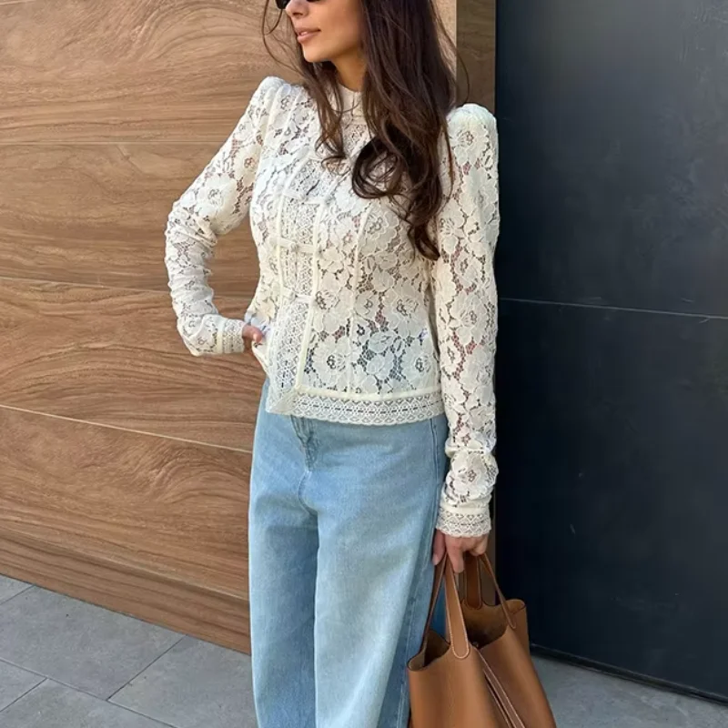 

Women's Fashion Lace Printed Shirts Tops Hollow Out Full Sleeve Single Breasted Slim Shirt 2025 New Summer Casual Lady Blouses