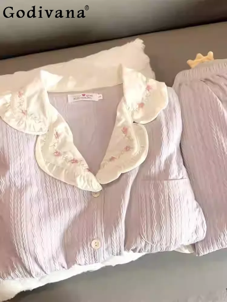 

Large Size Sweet Peter Pan Collar Women's Spring and Autumn Pajamas Fashion V-neck Elegant Loose Age-reducing Loungewear Sets