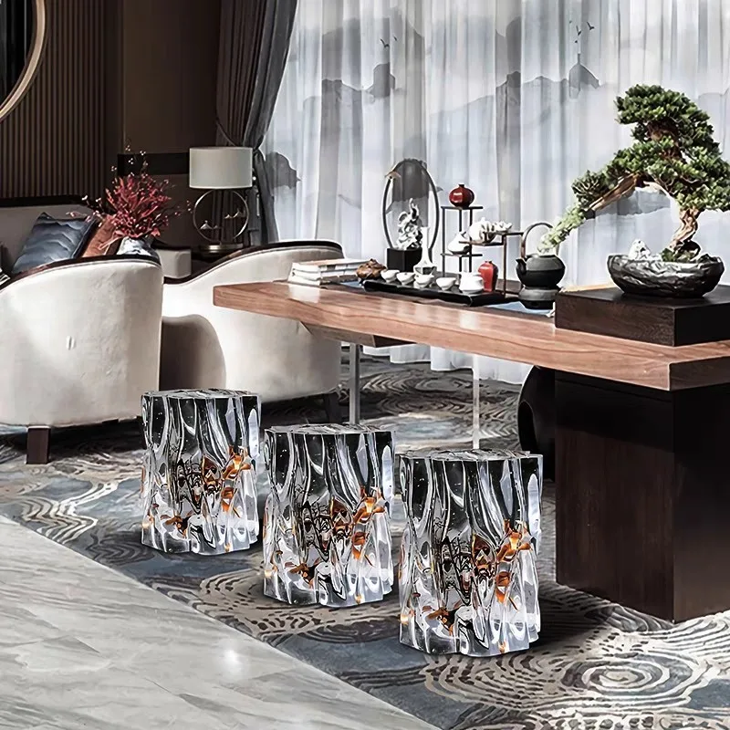Transparent Epoxy Resin Pier Buried Branches New Chinese Living Room Tea Room Stool Crystal Stool Solid Wood Wooden