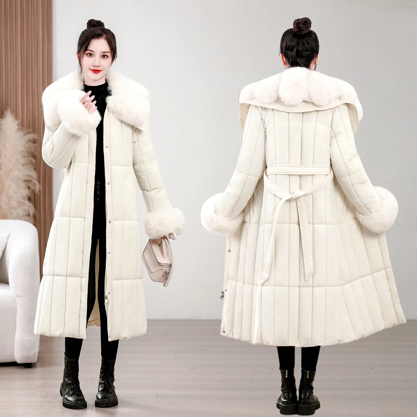 Women Parkas Coats Solid Jackets Lace Up Zipper Pocket Big Fur Turn Down Collar Long Sleeves Cinched Waist 2026 Autumn Winter