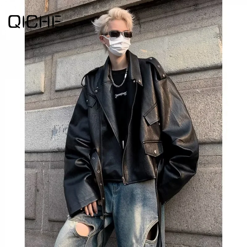 QICHE Men Jacket 2026 New Casual Outerwear, Men American Niche Slim High Grade PU Leather Trendy Coat, Men Clothing