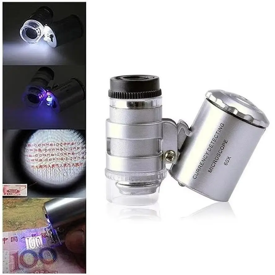 1 Pcs Mini 60X Microscope LED Jewelry Loupe UV Currency Detector Portable Magnifier Magnifying Eye Lens Magnifying Glass Loupe