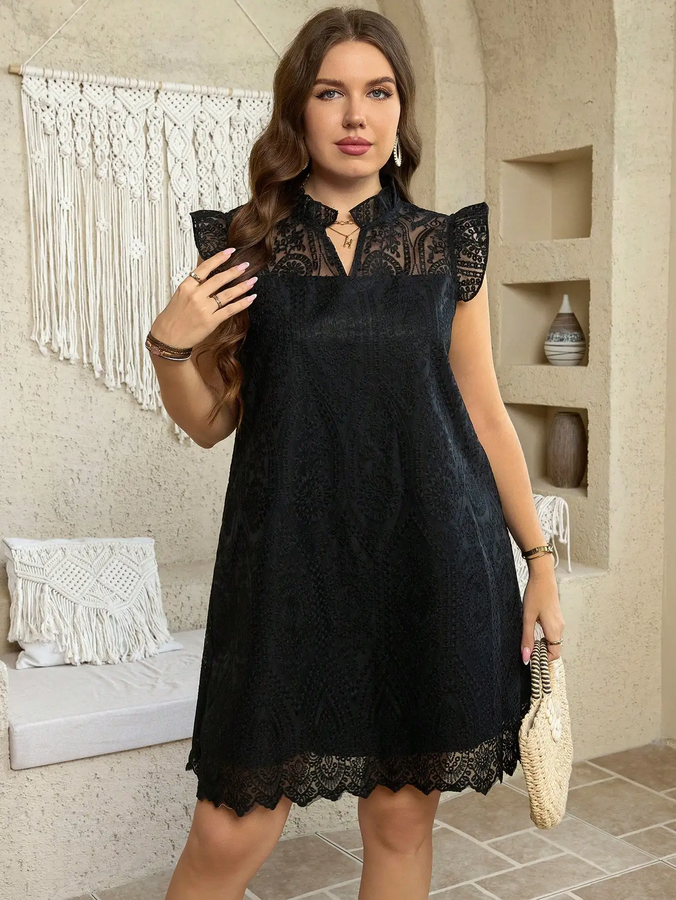 

Black Lace A-Line Dress With Cap Sleeve And Mandarin Collar For Women
