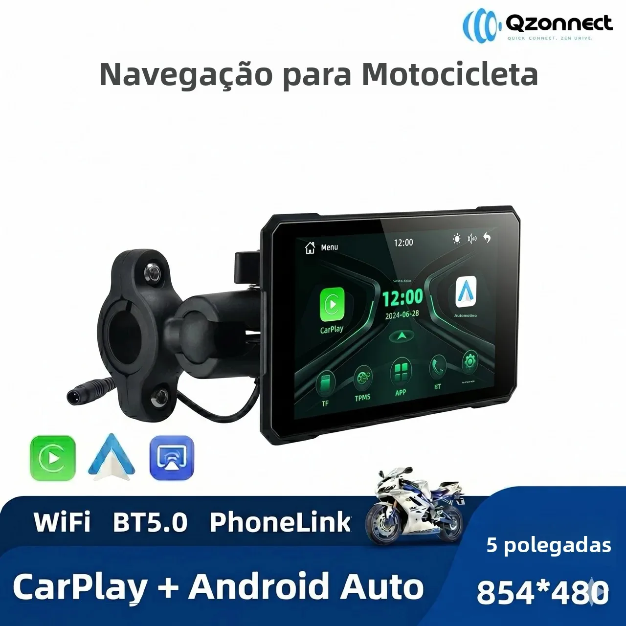 qzonnect新型バイク用ワイヤレスcarplay-android-auto対応ディスプレイ5インチ、携帯電話とペアリングが必要、ブラケット付属、tpmsオプションq19