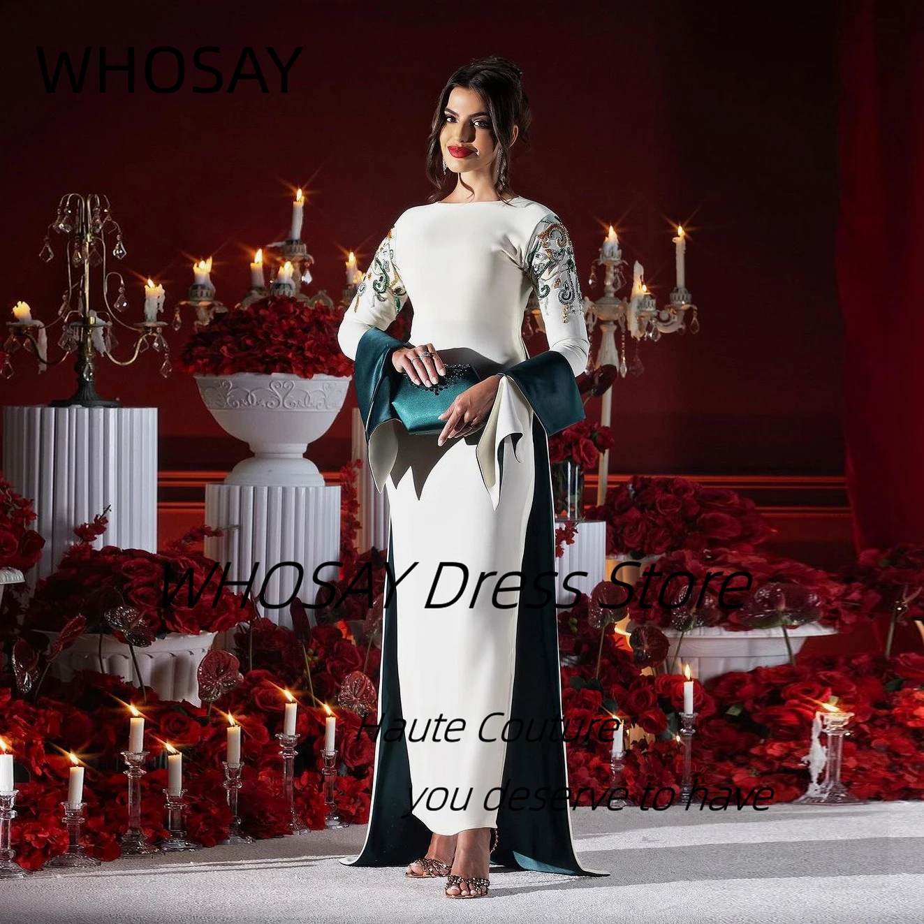 WHOSAY Dubai Party Women Wear abiti da sera alla caviglia fatti a mano con perline maniche lunghe Prom Party Dress abiti di colore a contrasto