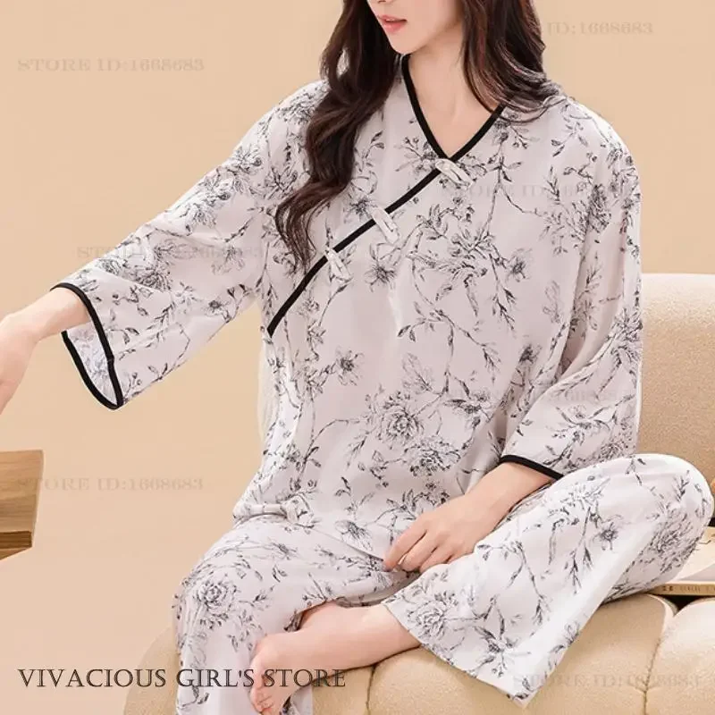 

Spring Summer New Viscose Pajamas Set Women Sleepwear Loungewear Print Flower Half Sleeve Trouser Suit Home Clothes Loose Pyjama