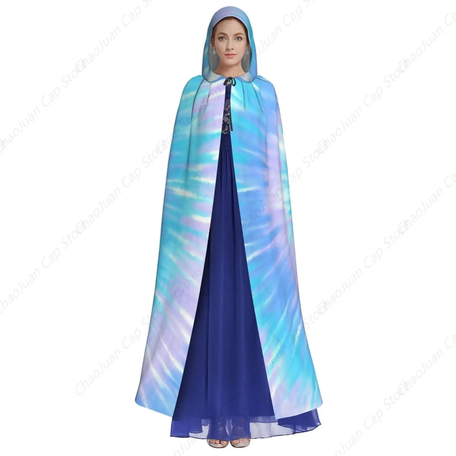 Tie Dye Blue Halloween Adult Hooded Cape Full Length Cloak Christmas Cosplay Costume Unisex