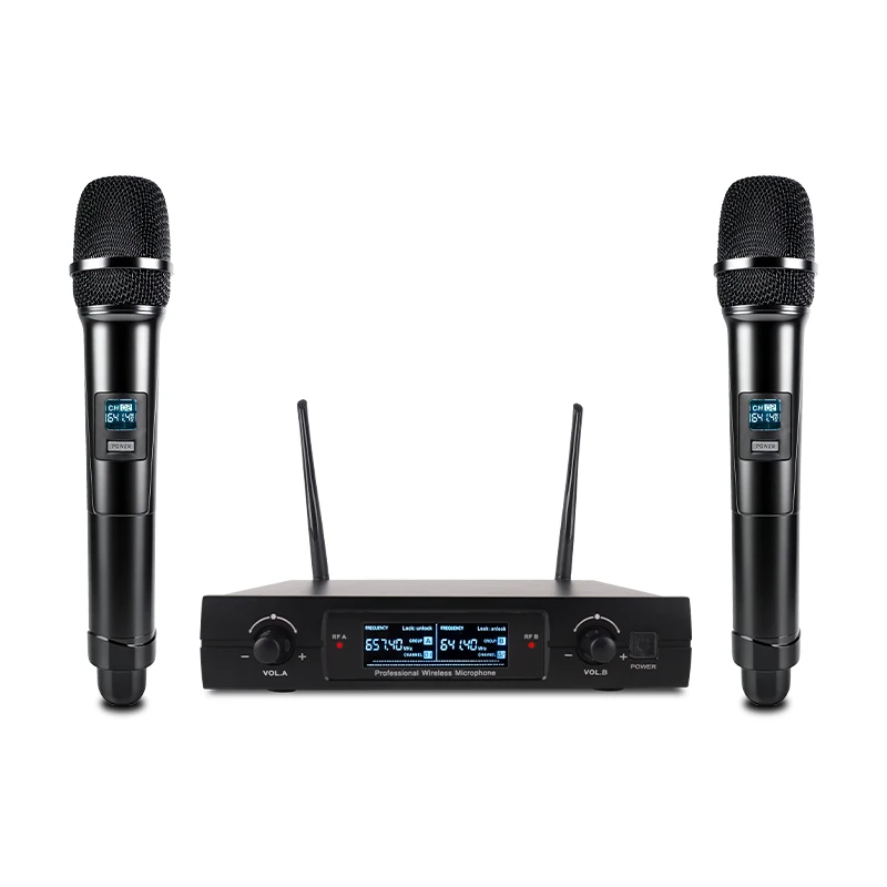 Professional UHF Wireless Microphone One to Two Metal Handheld Microphone, LED Backlit Display Screen, 180 Meter Stable Transmission, Noise Cancelling Karaoke Microphone Set, Suitable for Stage Performances, Weddings KTV, Business Meeting