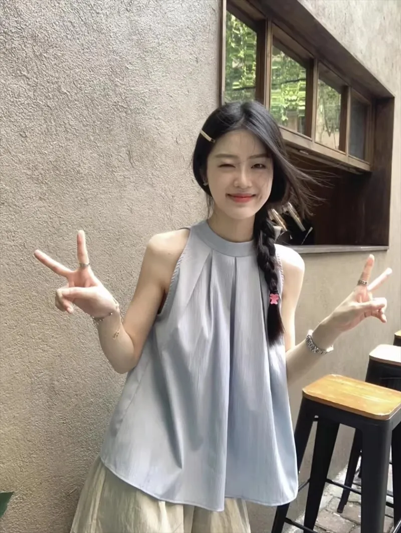 Korean Style Sleeveless Collar Shirt Women's Spring Summer New Fashion round Neck Design Elegant Pleated Blue Top Trendy