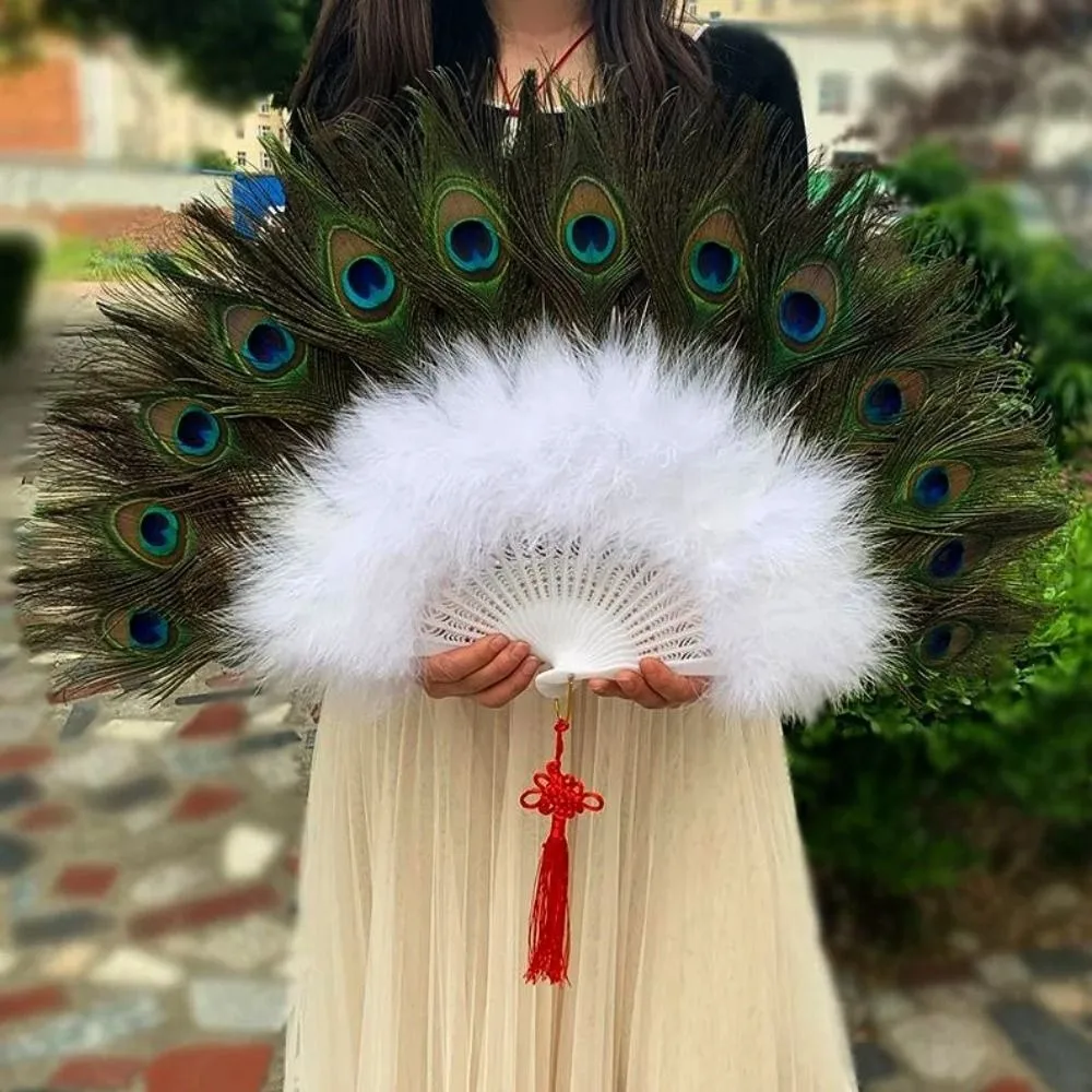 Ancient Style Large Peacock Fur Fan Multicolors 65cm Cheongsam Show Live Fan Square Dance Performance Fan
