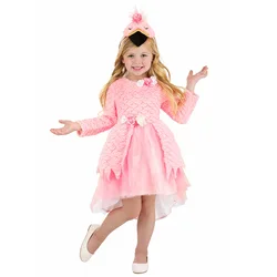 Pink Bird Flamingo Costume for Girls Child Kids 3-10Y Halloween Purim Party Fancy Dress With Flowers Headband PV Velvet Umorden