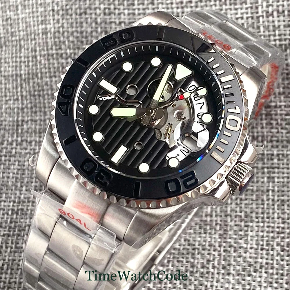 Tandorio Diver Automatic Watch for Men 40mm Skeleton Dial Hollow Face Luminous NH35 20ATM 200M Water Resist 316L Bracelet