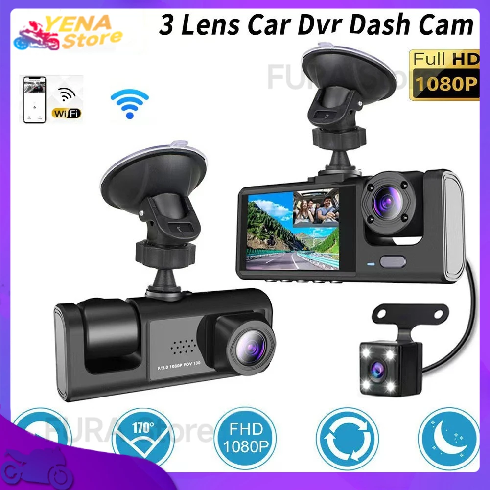 

2-дюймовый видеорегистратор высокой четкости 1080P с тремя объективами в одном экране, вид сзади, видеорегистратор, Wi-Fi, аксессуары для автомобилей и мотоциклов.