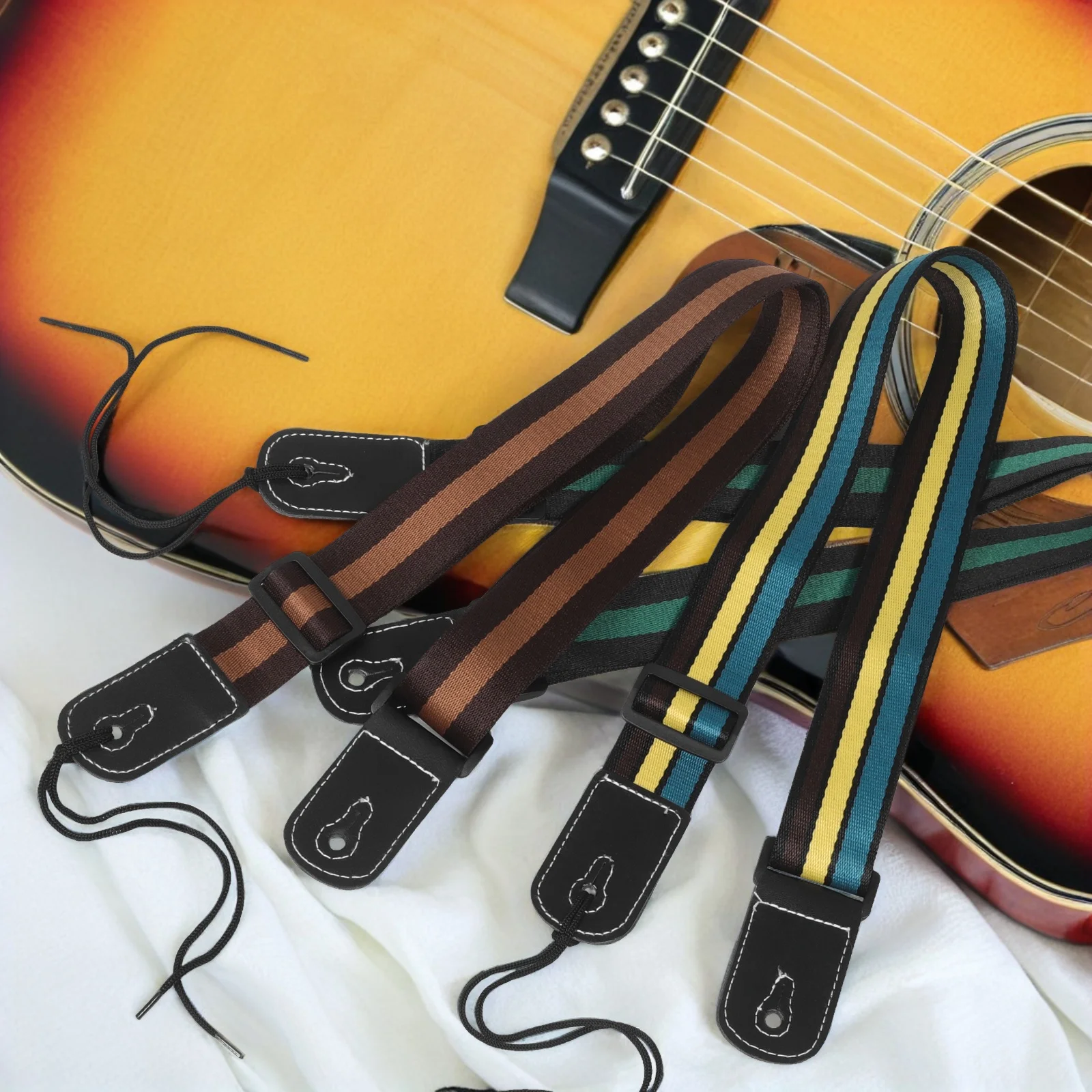 

3 Pcs Wide Polyester Guitar Straps Adjustable for Electric Bass Ukulele Comfortable Shoulder Belt Brown Yellow Black Green
