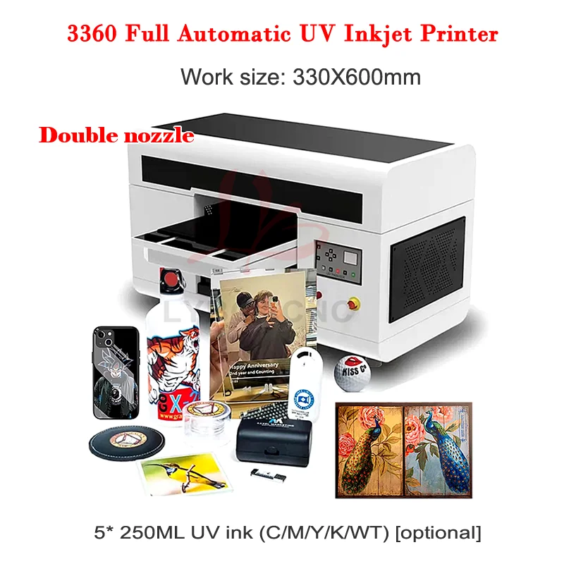 LY 3360 UV Double Full Automatic Flatbed Photo UV DTG Inkjet Printer Machine USB Infrared Ray Measure Max Work Size 330X600mm