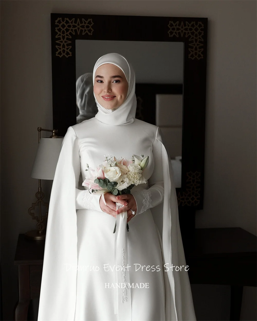 Dianruo bescheiden A-lijn trouwjurk trein bevestigd Grand vestido de noiva ruches cape mouwen vintage avondjurk op maat