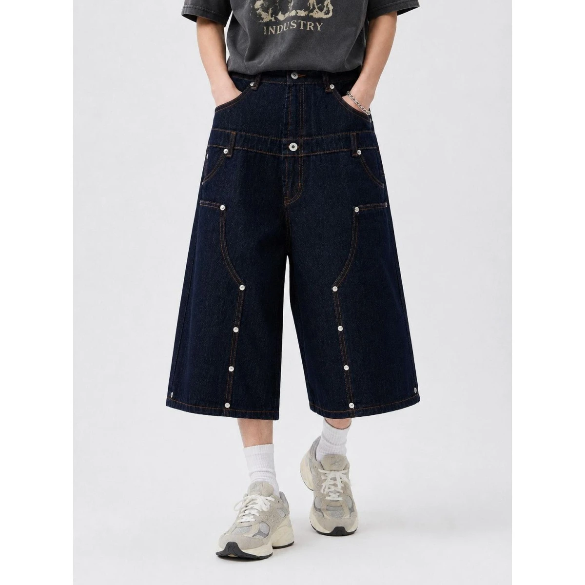 

American Retro Loose Fit Original Denim Seven-Foot Men's Women's High Street Deconstructed Summer Workwear Pants