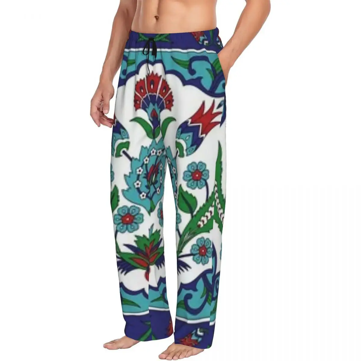 Custom Turkish Tile Pattern Vintage Iznik Cer Pajama Pants Men Sleepwear Sleep Lounge Bottoms with Pockets