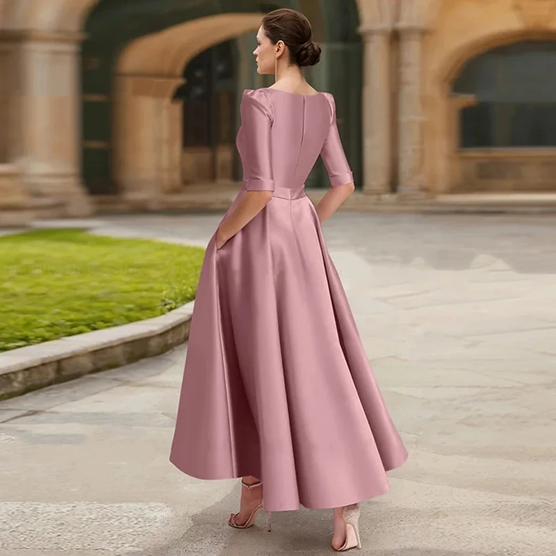 Pink satin V-neck A-line skirt waist wedding elegant ball eve dress guest dress formal occasion dress