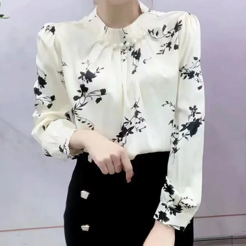 Korean Beading Spliced Fashion Printed Shirt Female Elegant All-match Long Sleeve Folds Half High Collar Blouse Women\'s Clothing