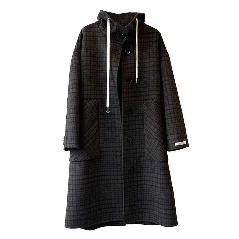 Checkered Wool Long Coat For Women's Winter New Loose Hooded Young Fashionable Woolen Coat C63