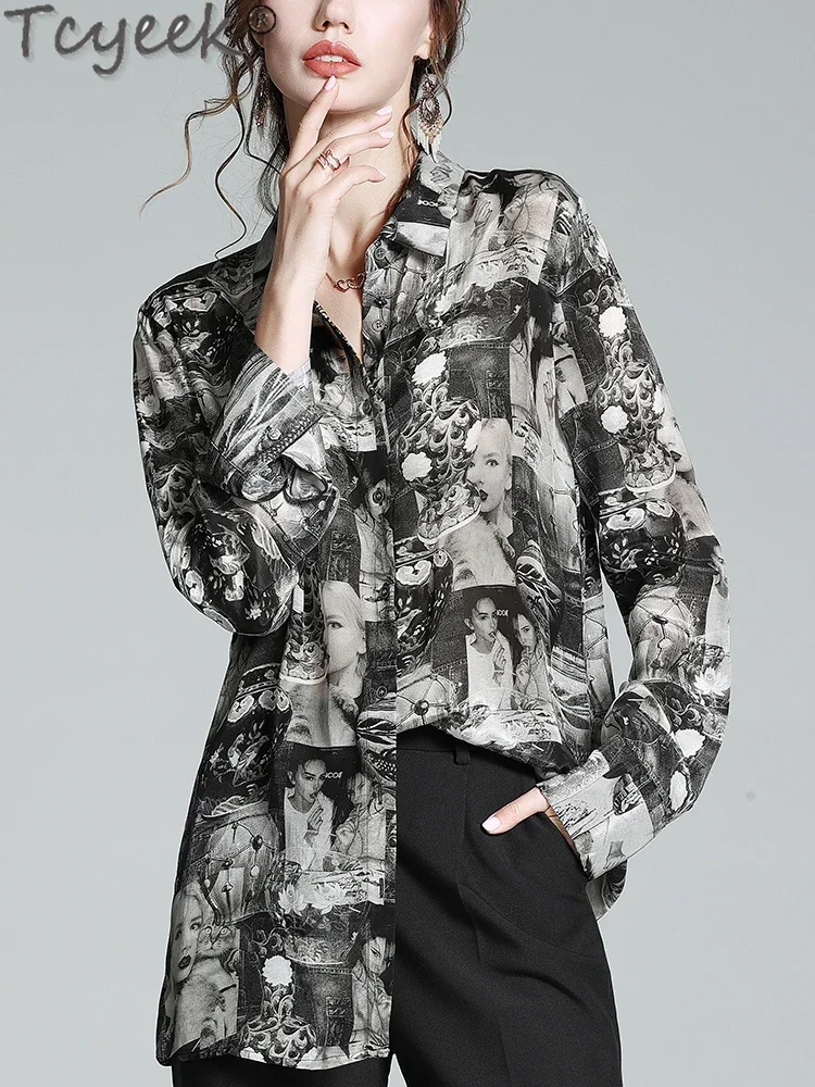 

Tcyeek High-end 100% Real Mulberry Silk Shirt Elegant Shirts for Women Vintage Summer Clothes 2024 Womens Tops Рубашка Женская