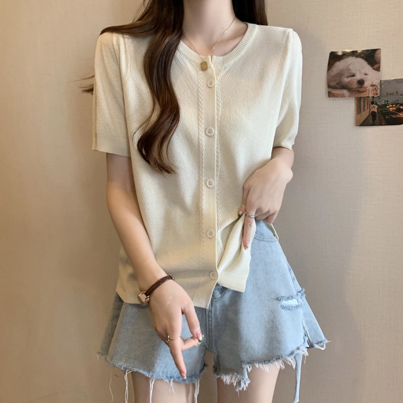 Camelia Bowtie Stylish Tshirt Sweater Women Ice Silk Knit Cardigan Tops 2023 Summer Short Sleeve Fashion Chic Knitwear