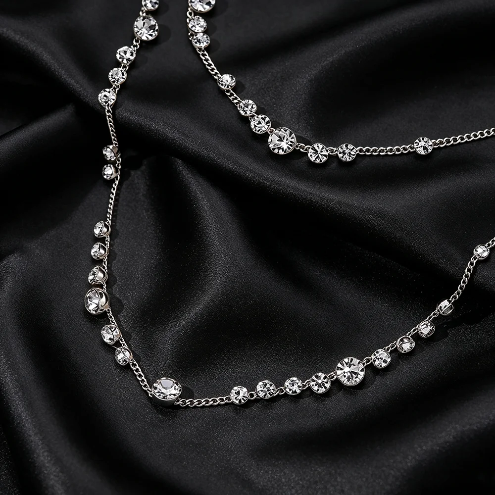 Layered Rhinestone Necklace Clear Crystal Double Strand Chain Adjustable Statement Jewelry for Women Wedding Party Prom Evening
