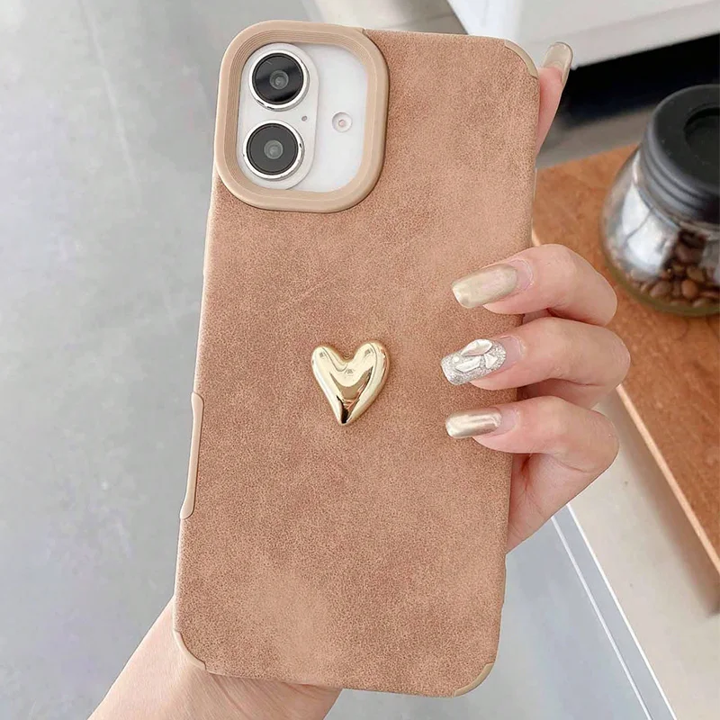 Gold Love Heart Shape Classic Brown Mobile Phone Case For iPhone 16 15 14 13 12 11 Pro Max 7 8 Plus X XS XR Shockproof Cover