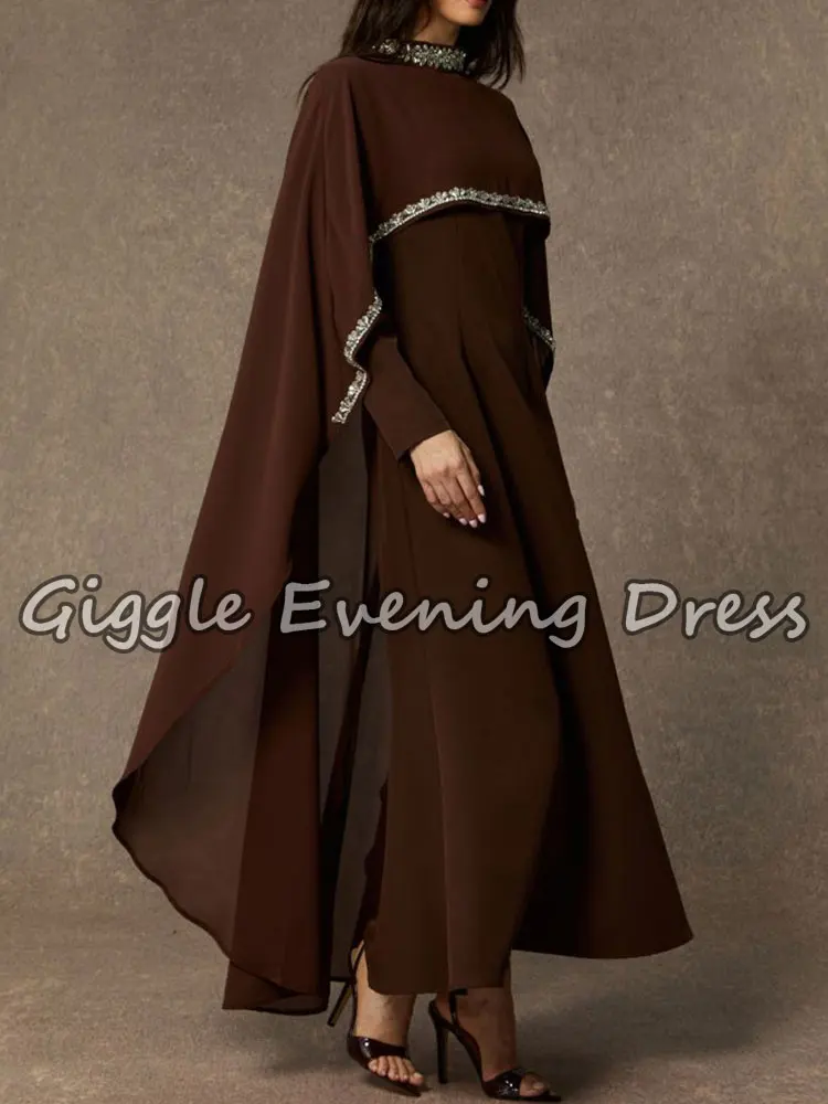 Giggle Long Sleeves Bead Saudi Arabic Evening Gown Stand Collar High Waist Patchwork Cape Evening Long Dresses Female Customized