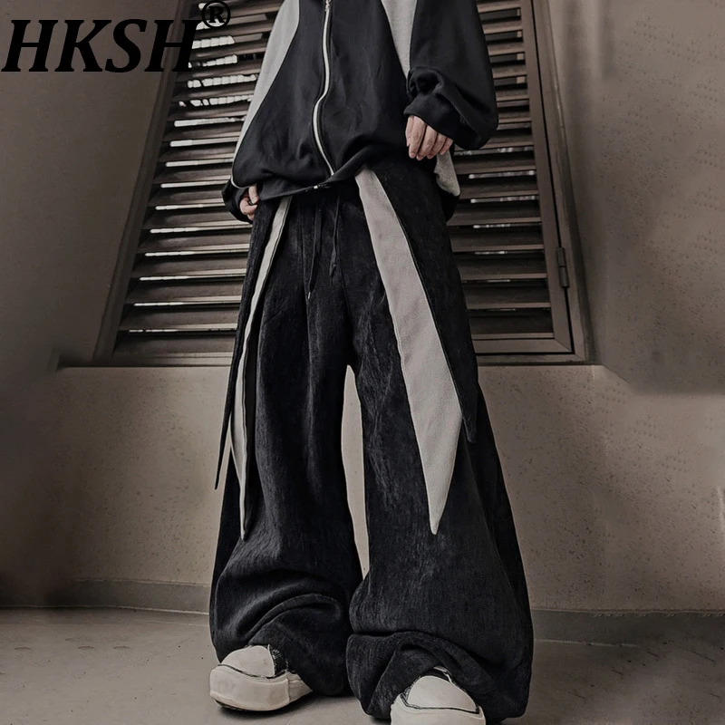 

HKSH весна осень новый мужской прилив поддельные двухсекционные панели в стиле пэчворк дизайн широкие брюки High Street с завязками на талии Ins HK13705